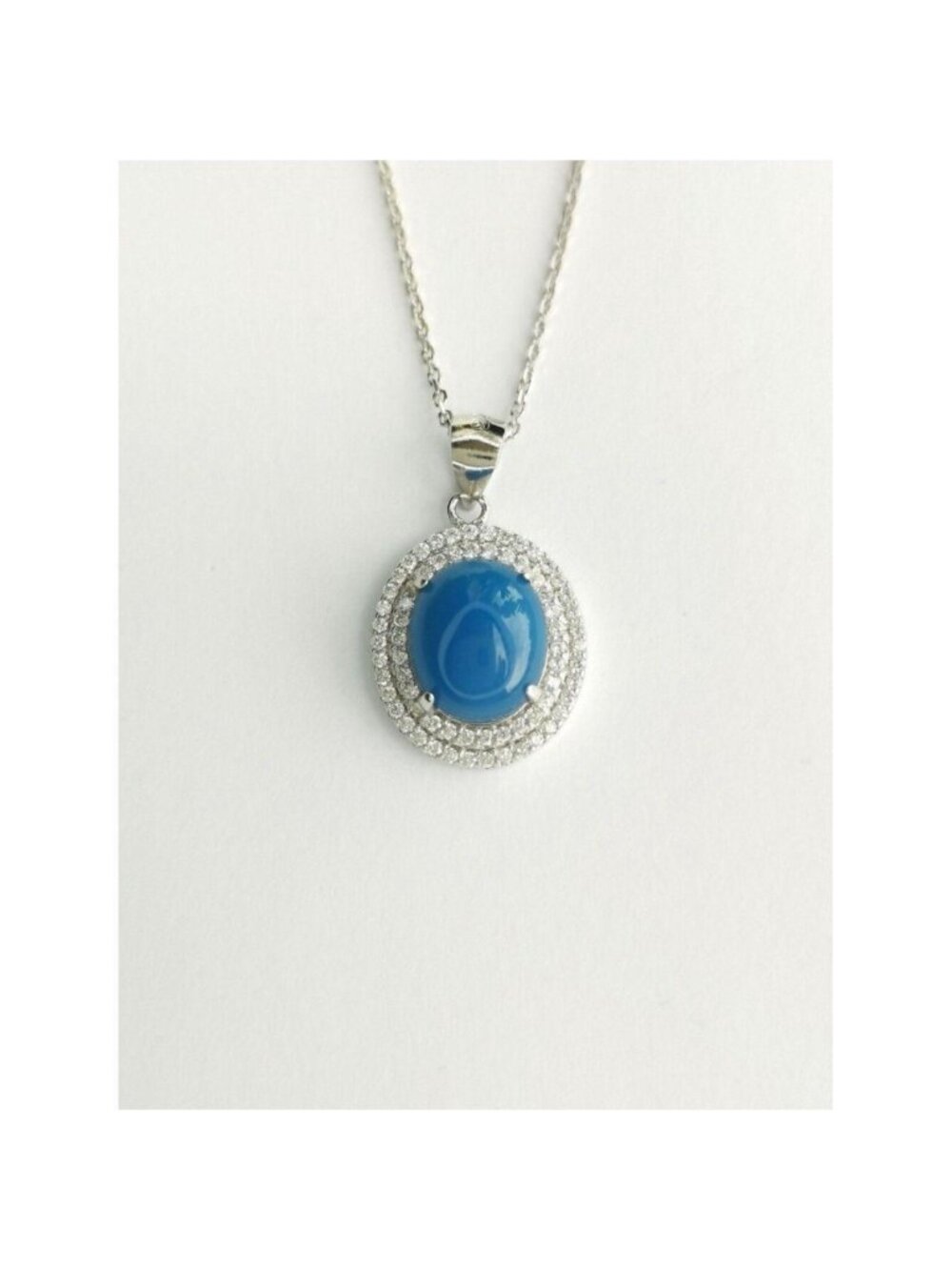 Blue Chalcedony CZ Halo Pendant Necklace sterling silver 🆕